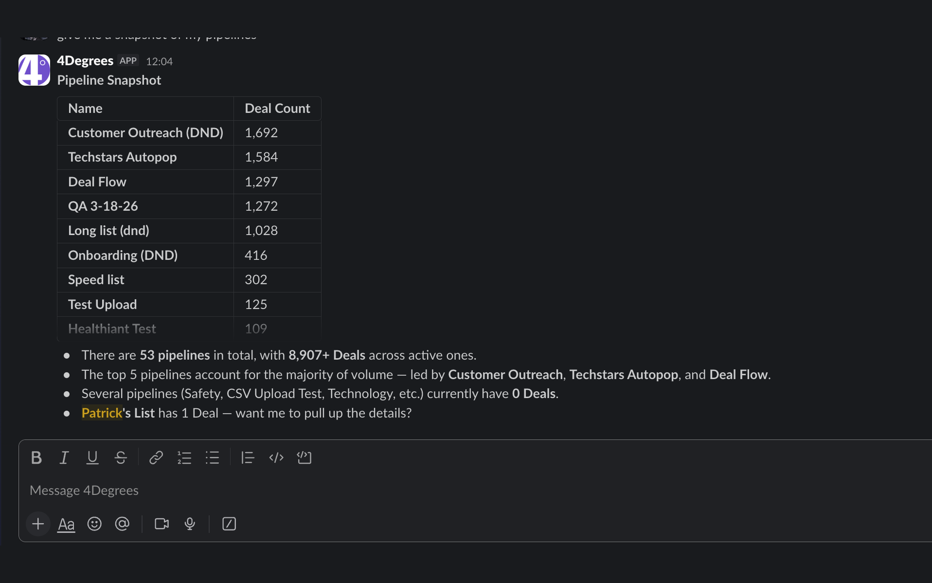 The 4Degrees assistant returning a pipeline snapshot in Slack with deals grouped by stage